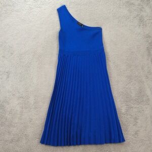 Ted Baker Off Shoulder Dress Women's 5 Blue Diagonal Knit Bodice Pleated Skirt